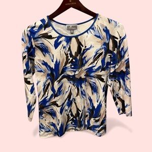 Cute creamy cotton baby rib top blue ribbon trim JM Collection watercolor splash